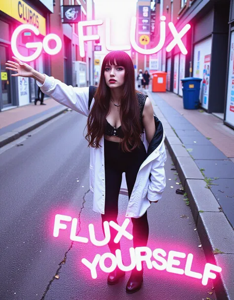 foreground text that says "Go FLUX Yourself" as a stylised poster in the background add, {
"prompt": "A dark shot with a city street as its backdrop. The scene features a sexy, gothic young girl, captured in a cinematic moment of interaction with the viewer. The image is characterized by pastel colors, giving it a dreamlike quality. The subject has a curious, inquisitive expression on her face, adding a sense of intrigue to the composition. The background is filled with grunge elements, enhancing the urban feel of the photograph. The art style leans towards photorealism, providing a detailed and vivid depiction of the scene. The photograph exudes warmth and gratitude, making the viewer feel a deep sense of appreciation and thanks for the moment captured. The focus is on capturing a genuine, heartfelt connection between the subjects and their surroundings. A slight head tilt adds a playful touch to the overall composition. The image uses a combination of color correction techniques to achieve its unique look, including retro graffiti art and spray painting. The rim lighting enhances the dramatic effect, drawing attention to the subject. A dynamic pose adds movement to the stillness of the image, creating a sense of depth and dimension. The perspective is taken from a wide angle panoramic view, which includes the dolly zoom function for added