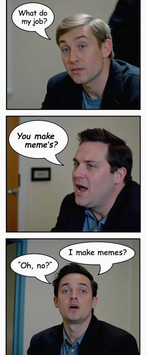 A comic strip featuring three panels. The main subject is a man with blonde hair and a surprised expression, looking directly at the camera. He is dressed in a dark jacket over a light blue shirt. The first panel shows him in a state of surprise or confusion, with a speech bubble saying 'What do my job? You make memes' and the second panel is a close-up of the man's face, showing a conversation with another person's reply about making memes. The third panel is labeled 'Hi no?' and displays the same man making mistakes. The comic style is slightly blurry, with the background transitioning from a darker shade at the top to a lighter one at the bottom. The color palette is muted, with predominant shades of gray, blue, and black.