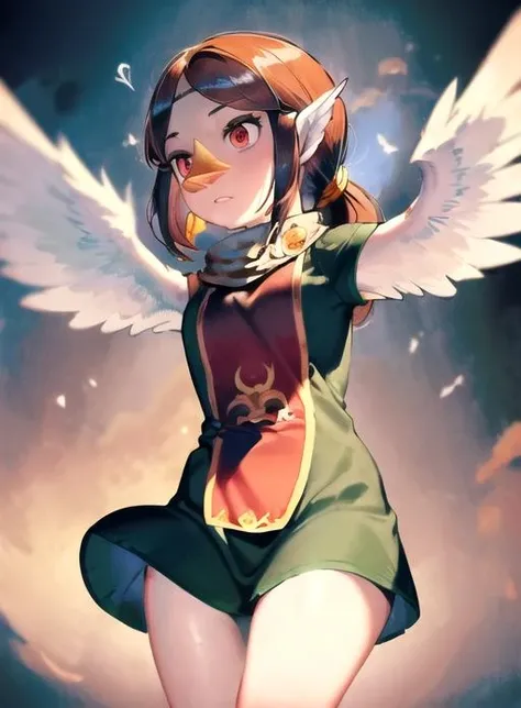 best quality, (masterpiece:1.5),(ultra-detailed), (high quality:1.3), (high resolution), <lora:medli-10:0.7>, medli, 1girl, brown hair, ponytail, winged arms,feathered wings