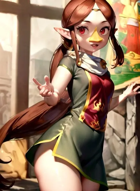 best quality, (masterpiece:1.5),(ultra-detailed), (high quality:1.3), (high resolution), <lora:medli-10:0.7>, medli, 1girl, brown hair, ponytail, pointy ears, red eyes,