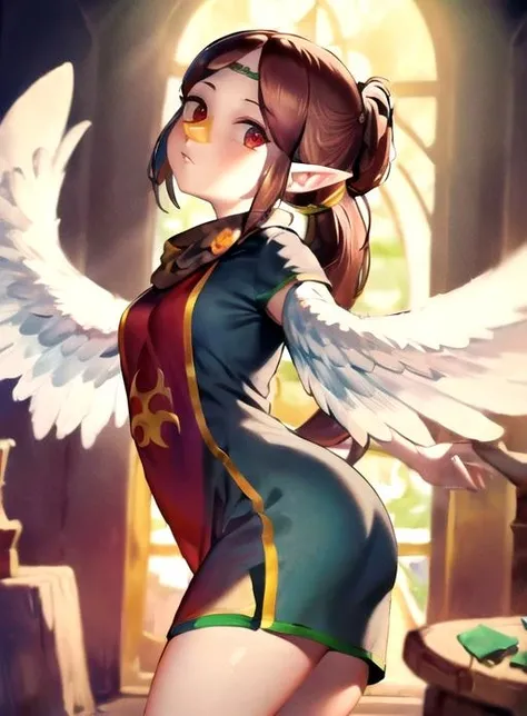 best quality, (masterpiece:1.5),(ultra-detailed), (high quality:1.3), (high resolution), <lora:medli-10:0.7>, medli, 1girl, brown hair, ponytail, winged arms,feathered wings, pointy ears,