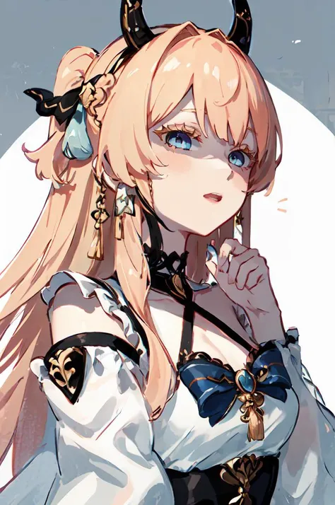 ultra detailed, masterpiece, best quality, solo, <lora:okawaiikoto_pose:1> okawaiikoto pose, (hand up:1.3), parted lips, empty eyes, looking down, portrait, looking at viewer, open mouth, upper body, straight-on, hand to own chin,
1girl, blue eyes, very long hair, blonde hair, long blonde hair, french braid, bangs, medium breasts,
hair ribbon, frilled choker, criss-cross halter, sleeveless dress, high-waist skirt, backless dress, waist bow, detached sleeves, frilled sleeves, wide sleeves, <lora:colored_eyelashes:1> COLORED EYELASHES, yellow eyelashes, <lora:concept_shadedface-10:1> shaded face,