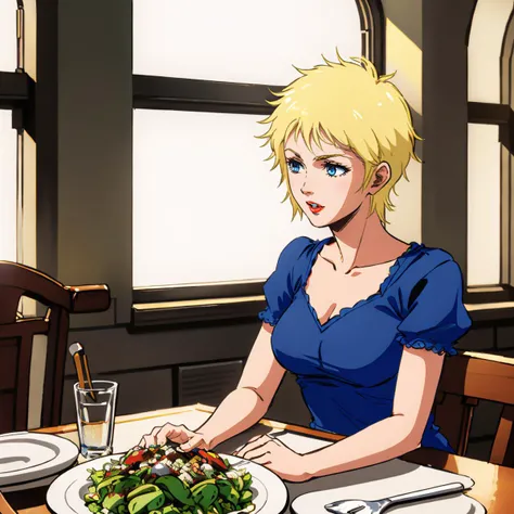 masterpiece,high quality,solo,
<lora:kayrasu001:0.7>,
kayrasu,1woman,
short hair,blonde hair,blue eyes,lipstick,
blue dress,short_sleeves,dining table,salad,