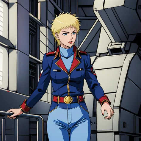 masterpiece,high quality,solo, 
<lora:kayrasu001:0.7>,
kayrasu,1woman,
short hair,blonde hair,blue eyes,lipstick,
uniform,turtleneck,jacket,
belt,pants,
inside the battleship,