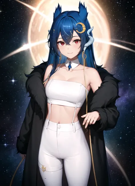 vienna (vtuber), 1girl, bangs, bare shoulders, black coat, black footwear, black hair, blue hair, collarbone, crescent, crescent hair ornament, crop top, crossed bangs, detached collar, dragon girl, dragon horns, fur-trimmed coat, fur trim, gradient hair, hair between eyes, hair ornament, high-waist pants, horns, long coat, long hair, long sleeves, looking at viewer, midriff, multicolored hair, off shoulder, pants, red eyes, solo, standing, thigh strap, very long hair, white collar, white pants, yellow ribbon, night, night sky, star, starry sky, galaxy background, finely detailed background, amazing background