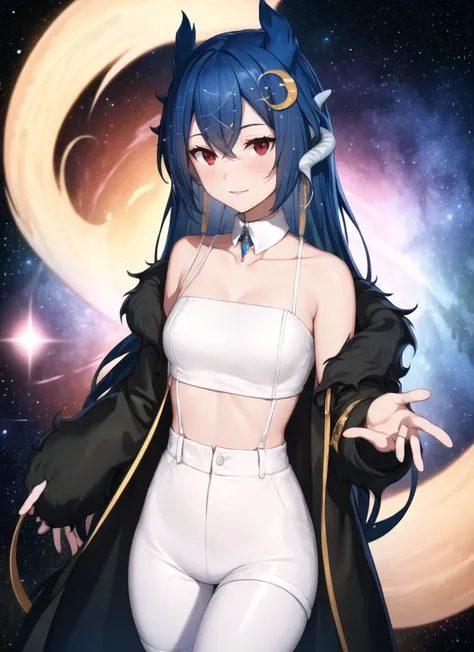 vienna (vtuber), floating, hovering, levitating, 1girl, bangs, bare shoulders, black coat, black footwear, black hair, blue hair, collarbone, crescent, crescent hair ornament, crop top, crossed bangs, detached collar, dragon girl, dragon horns, fur-trimmed coat, fur trim, gradient hair, hair between eyes, hair ornament, high-waist pants, horns, long coat, long hair, long sleeves, looking at viewer, midriff, multicolored hair, off shoulder, pants, red eyes, solo, thigh strap, very long hair, white collar, white pants, yellow ribbon, stars, starry sky, cosmic vortex backdrop, galaxy background, finely detailed background, amazing background