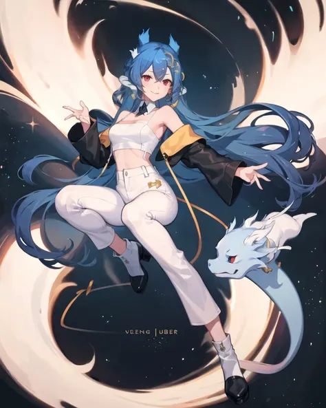 vienna (vtuber), (floating, hovering, levitating:1.3), 1girl, smile, bangs, bare shoulders, black hair, blue hair, collarbone, crescent, crescent hair ornament, crop top, crossed bangs, detached collar, dragon girl, dragon horns, gradient hair, hair between eyes, hair ornament, high-waist pants, horns, long hair, midriff, pants, red eyes, solo, white collar, white pants, black footwear, ankle boots, yellow ribbon, stars, starry sky, dazzling cosmic clouds, galaxy background, finely detailed background, amazing background