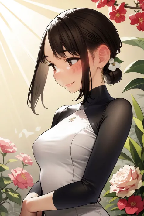 solo, 1girl, looking down, smile, blush, medium breasts, god rays, shrug, Saxicola \(flower\), floral background <lora:yomu_(sgt_epper)_style_v01:1>