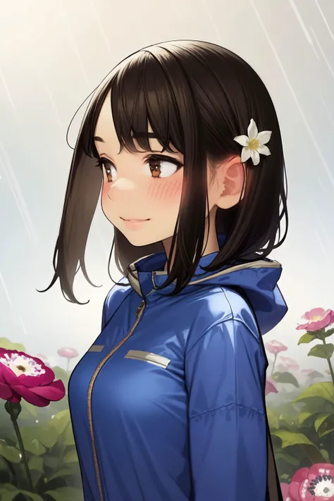 solo, 1girl, looking away, smile, blush, medium breasts, dim light, raincoat, Anemone \(flower\), floral background <lora:yomu_(sgt_epper)_style_v01:1>