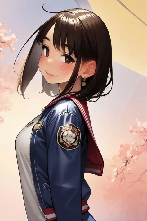 solo, 1girl, looking to the side, smile, blush, medium breasts, god rays, letterman jacket, Billy_Buttons \(flower\), floral background <lora:yomu_(sgt_epper)_style_v01:1>