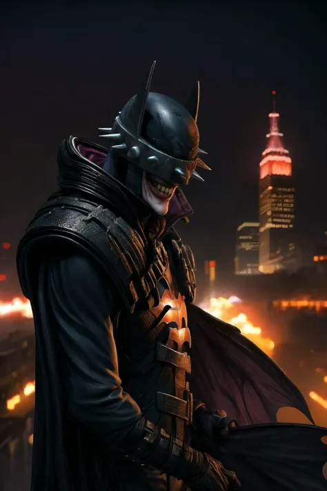 <lora:BatmanWhoLaughs:0.9> batmanwholaughs, looking at viewer, leaning closer, cinematic lighting, horror, dark, gotham city skyline, best quality, masterpiece, <lora:more_details:0.65>