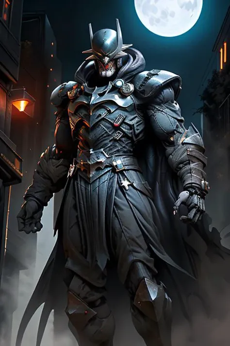 1boy,armor, crown, black cape, in dynamic pose,dynamic angle, shoulder armor, upper armor, helmet, headgear, mechanical jaw,skinny, slender,
cityscape, strong rim light, absurdres, 1boy, (at night:1.4), dark alley, moon, BREAK grey (android (batmanwholaughs:0.8)) in (matte black hardsuit:1.2), military, roughed up, mechanical arms, city fog, (glowing white eyes) <lora:nijiarmor_v2:0.9> <lora:BatmanWhoLaughs:0.7>