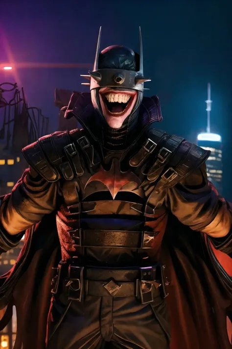<lora:BatmanWhoLaughs:0.9> batmanwholaughs, laughing, mouth open, arms spread wide, cinematic lighting, horror, dark, gotham city skyline, best quality, masterpiece, <lora:more_details:0.65>