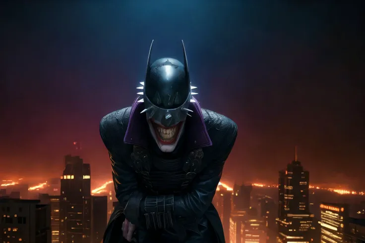 <lora:BatmanWhoLaughs:0.9> batmanwholaughs, looking at viewer, leaning closer, cinematic lighting, horror, dark, gotham city skyline, epic, best quality, masterpiece, <lora:more_details:0.65>