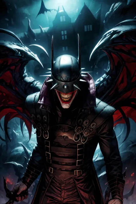 masterpiece, best quality, 1boy, batmanwholaughs, city street, horror, nightmare, dramatic lighting, dark, wings <lyco:BatmanWhoLaughsV1:0.9>