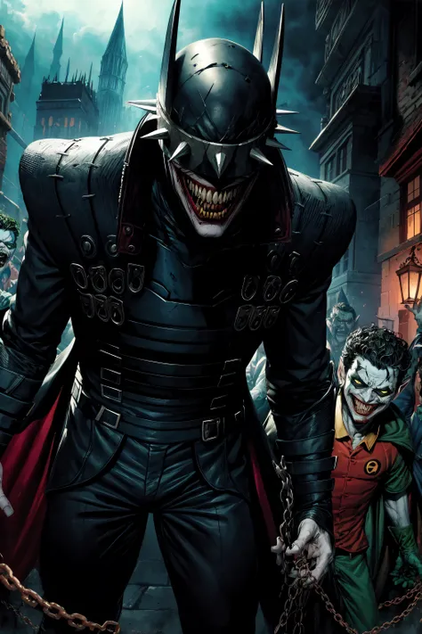 masterpiece, best quality, 1boy, batmanwholaughs, feralrobins, robin, city street, horror, nightmare, dramatic lighting, dark, chain, 3boys, 4boys, multiple boys <lyco:BatmanWhoLaughsV1:0.9>