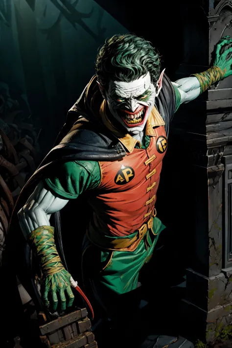 masterpiece, best quality, feralrobins, robin, green hair, city street, horror, nightmare, dramatic lighting, dark <lyco:BatmanWhoLaughsV1:0.9>