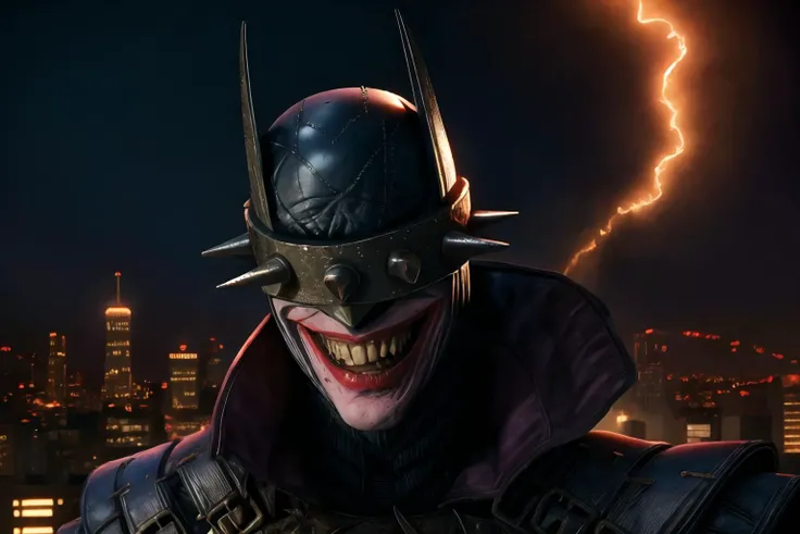 <lora:BatmanWhoLaughs:0.9> batmanwholaughs, looking at viewer, leaning closer, cinematic lighting, horror, dark, gotham city skyline, epic, best quality, masterpiece, <lora:more_details:0.65>