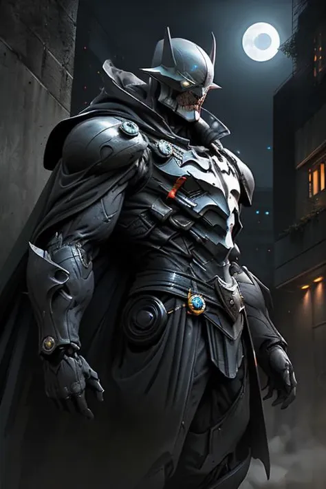 1boy,armor, crown, black cape, in dynamic pose,dynamic angle, shoulder armor, upper armor, helmet, headgear, mechanical jaw
cityscape, strong rim light, absurdres, 1boy, (at night:1.4), dark alley, moon, BREAK grey (android (batmanwholaughs:0.8)) in (matte black hardsuit:1.2), military, roughed up, mechanical arms, city fog, (glowing white eyes)  <lora:nijiarmor_v2:0.9> <lora:BatmanWhoLaughs:0.5>