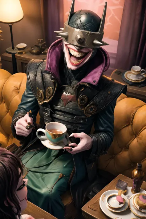 <lora:BatmanWhoLaughs:0.9> batmanwholaughs having a tea party, pastels, pink, cute tea set, open mouth, teeth, best quality, masterpiece, <lora:more_details:0.65>