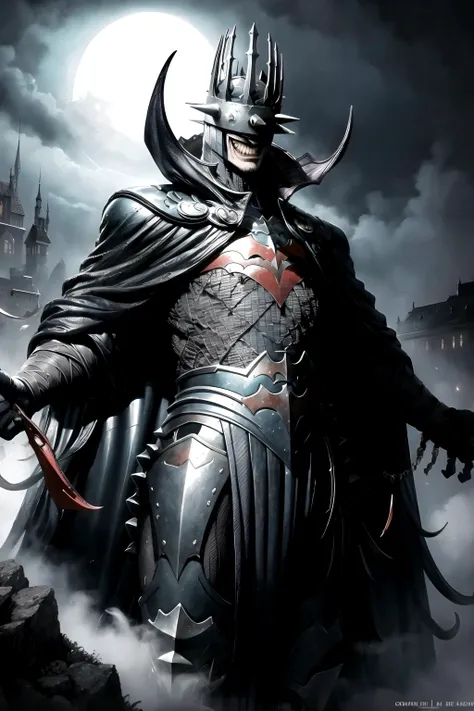 masterpiece, best quality, batmanwholaughs, armor, crown, black cape, mist, night, fantasy landscape, castle, moon, monochrome, red accent <lyco:BatmanWhoLaughsV1:0.9>