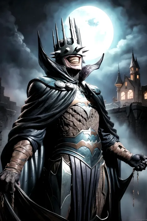 masterpiece, best quality, batmanwholaughs, armor, crown, black cape, mist, night, fantasy landscape, castle, moon <lyco:BatmanWhoLaughsV1:0.9>