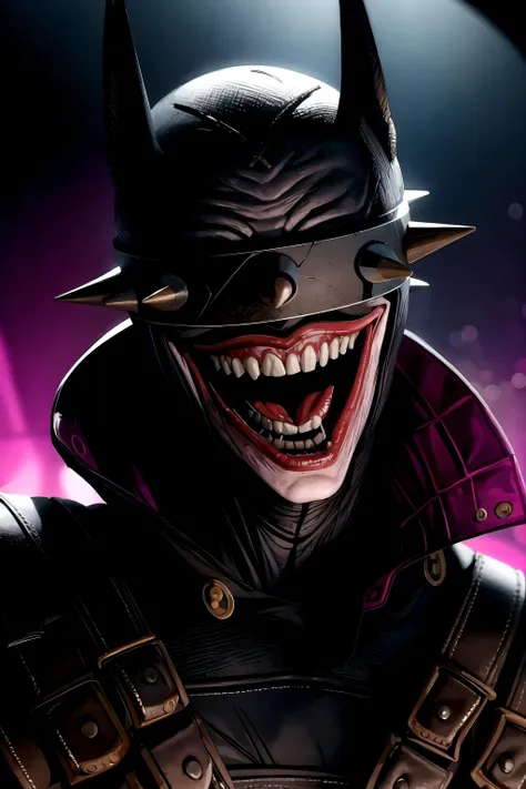 masterpiece, best quality, 1boy, batmanwholaughs, city street, horror, nightmare, dramatic lighting, dark, mouth open, tongue, tongue out <lyco:BatmanWhoLaughsV1:0.9>