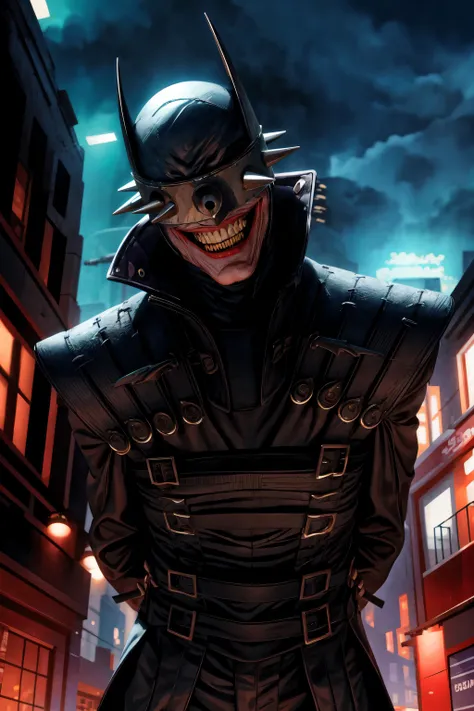 masterpiece, best quality, batmanwholaughs, facing viewer, looking at viewer, arms behind back, (head tilt:1.2), city street, dramatic lighting, nightmare, dark <lyco:BatmanWhoLaughsV1:0.9>