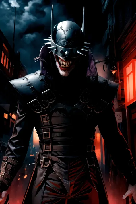 masterpiece, best quality, batmanwholaughs, city street, horror, nightmare, dramatic lighting, dark <lyco:BatmanWhoLaughsV1:1>
