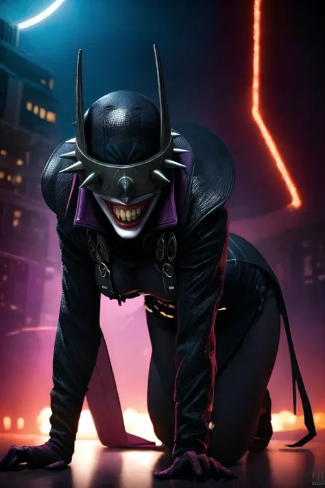 <lora:BatmanWhoLaughs:0.9> batmanwholaughs, looking at viewer, leaning closer, cinematic lighting, horror, dark, gotham city skyline, epic, GS-Womanly, best quality, masterpiece, <lora:more_details:0.65>, 1girl, solo, All Fours