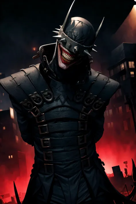 masterpiece, best quality, batmanwholaughs, facing viewer, looking at viewer, arms behind back, (head tilt:1.3), tilted head, city street, dramatic lighting, horror, nightmare, dark, cowboy shot, leaning towards viewer<lyco:BatmanWhoLaughsV1:0.9>