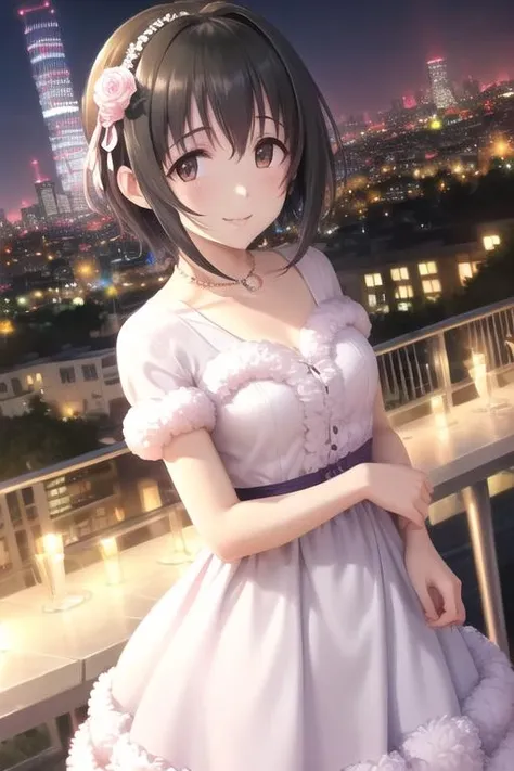 8k, (ultra-detailed eyes:1.1), ultra-detailed, extremely detailed CG, (masterpiece:1.3), (best quality:1.4), extremely detailed CG, (post processing:1.4), (extremety fine and beautiful:1.3), (soft illumination:1.0), (soft color:1.0), (soft volumetric lighting:1.1), (soft shadows), imasmiho, kohinata miho, 1girl, ahoge, black_hair, bow, bridge, brown_eyes, building, city, city_lights, cityscape, dress, flower, fur_collar, fur_trim, hairband, jewelry, looking_at_viewer, necklace, night, night_sky, pink_dress, pink_rose, railing, rose, short_hair, sky, skyline, skyscraper, smile, solo, white_rose <lora:Kohinata_Miho-05:0.9>