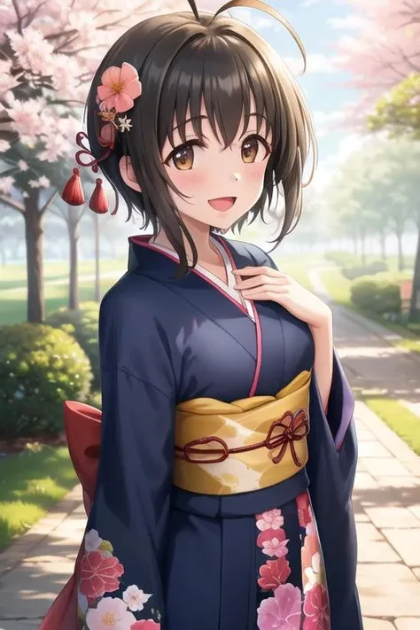((ahoge)), 8k, (ultra-detailed eyes:1.1), (pov:1.1), from front view, from front, point of view, ultra-detailed, extremely detailed CG, (masterpiece:1.3), (best quality:1.4), extremely detailed CG, (post processing:1.4), (extremety fine and beautiful:1.3), (soft illumination:1.0), (soft color:1.0), (soft volumetric lighting:1.1), (soft shadows), 1girl, 17 years old, cowboy shot, imasmiho, :d, ahoge, bangs, blush, breasts, brown_eyes, black_hair, day, eyebrows_visible_through_hair, floral_print, flower, hair_flower, hair_ornament, japanese_clothes, kimono, long_sleeves, looking_at_viewer, obi, open_mouth, outdoors, pink_flower, pink_kimono, print_kimono, sash, short_hair, smile, solo, wide_sleeves <lora:Kohinata_Miho-04:0.8>