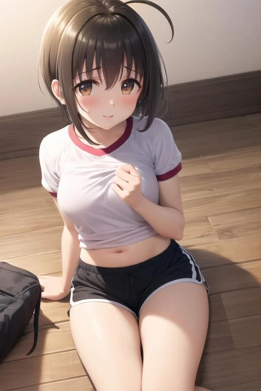 Perfect beautiful girl, 13yo, Black Hair、flat chest, (((thick thighs)))、 Shy expression、Sweat、 ((athletic bloomers)), (school, wariza, sitting in wooden floor gym room, bare thighs, barefoot),