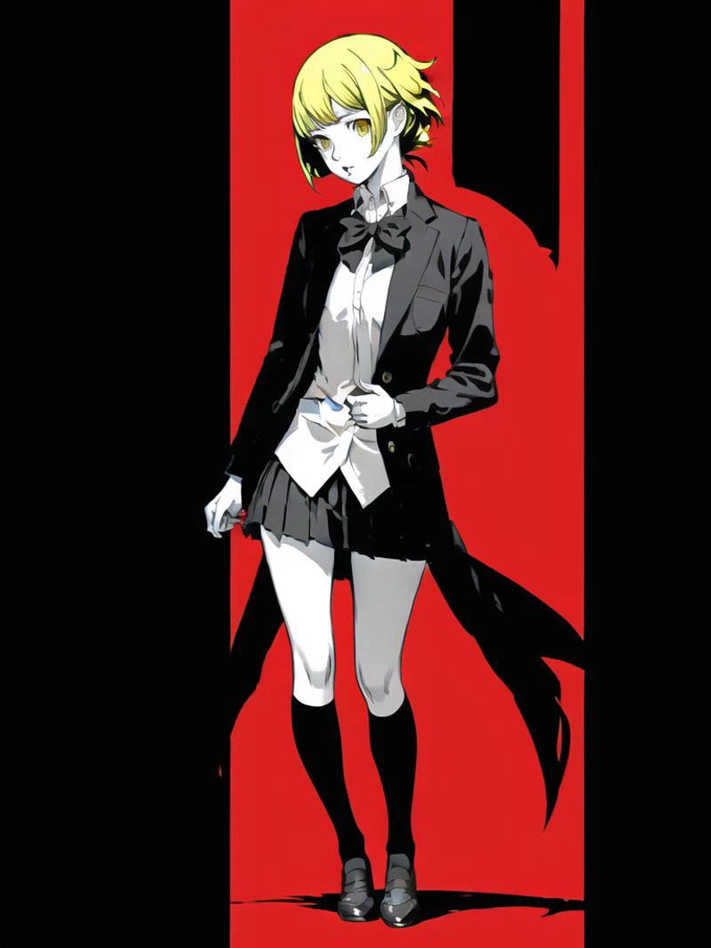 (1girl), shuujin academy school uniform, school uniform, solo, simple background, (((red background))), yellow hair, monochrome,full body, <lora:P5:0.6>