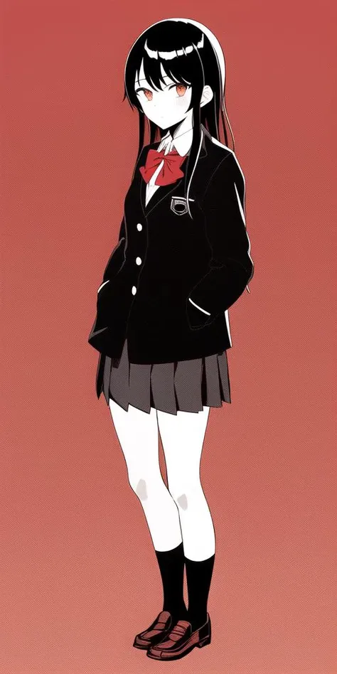 <lora:persona_style:0.6>,(1girl), shuujin academy school uniform, school uniform, solo, simple background, (((red background))), black hair, monochrome, hands in pockets, jacket, full body, color halftone,