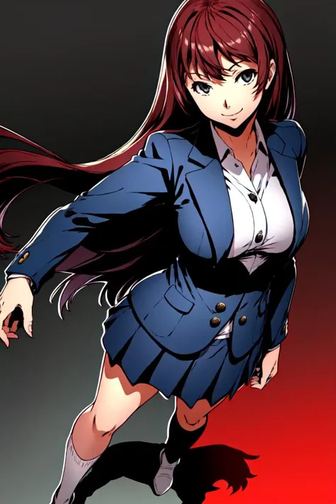 1girl, solo, long hair, school uniform, hand on hip,fullbody, smile, <lora:persona5Style_personastylev1:0.6>