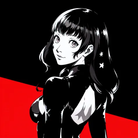 <lora:fireemblem_yunaka:1> <lora:persona_style:0.5>, 1girl yunaka, slight smile,looking back, black bodysuit, hair ornaments, solo, red background, black background, black hair, monochrome, upper body, (single star tattoo on face:1.1),