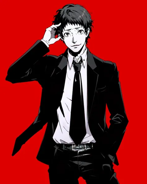 <lora:persona4_adachi:1> <lora:persona_style:0.5> monochrome, 1boy, adachi tohru, formal, suit, black necktie, black pants, smug, hand on hair,
(simple background, red background),