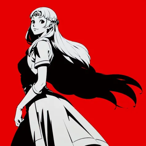 <lora:zelda_ALBW_v1:0.8> <lora:persona_style:0.5>, 1girl, princess zelda, albw, (black and white dress), solo, white hair, long hair, monochrome, slight smile, extending arms forward, slight bent over, cowboy shot,
(simple background, red background),