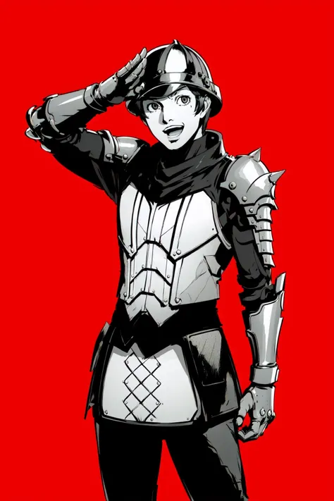 <lora:gatekeeper-nvwls-v1:0.7> <lora:persona_style:0.5>, 1boy, gatekeeper, solo, black hair, (monochrome:1.2), big smile, happy, open mouth, helmet, full armor, gauntlets, asymmetrical salute, cowboy shot,
(simple background, red background)