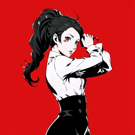 <lora:petra-nvwls-v1:0.8> <lora:persona_style:0.45>, 1girl, (petra_academy:1.1), (braided ponytail:1.1), facial mark, ascot, white shirt, black high-waist skirt, solo, red background, black background, black hair, monochrome, upper body, combat pose, side view, small daggers,