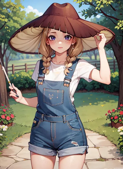 ((best quality)), ((highly detailed)), detailed face, beautiful face, , (1girl), fisheye lense, dynamic pose, cowboy shot, country girl, long hair, low twin braids, freckles, muscular, cowboy hat, overalls, plaid shirt, on a farm, (outdoors, in a garden, dawn), <lora:fairydrop_art:1>