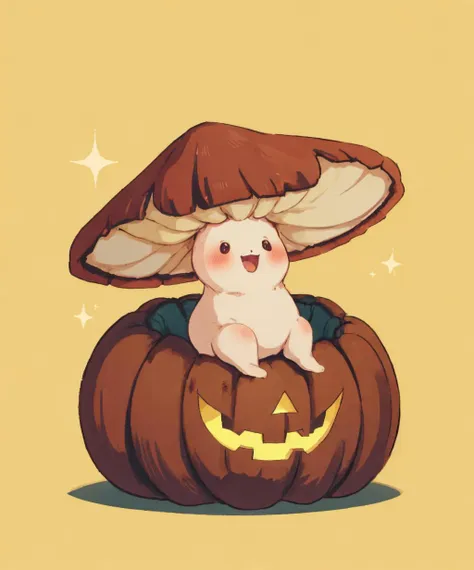 solo,blush,smile,open mouth,simple background,sitting,:d,pokemon (creature),no humans,sparkle,shadow,blush stickers,yellow background,halloween,jack-o'-lantern,pumpkin,mushroom,<lora:fairydrop_art-08:1>,