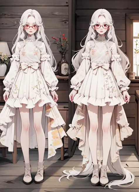 ((best quality)), ((highly detailed)), detailed face, beautiful face, , (1girl), (glasses), <lora:CharacterDesign_Concept:.8>, (CharacterSheet:1), (multiple views, full body, upper body, reference sheet:1), upper body, albino, white hair, ((very long hair)), red eyes, <lora:whiteeyelash:1.5>, eyelashes, very pale skin, <lora:skinnyv2:1>, skinny, (long legs), long arms, (indoors, at a cabin), <lora:fairydrop_art:1>