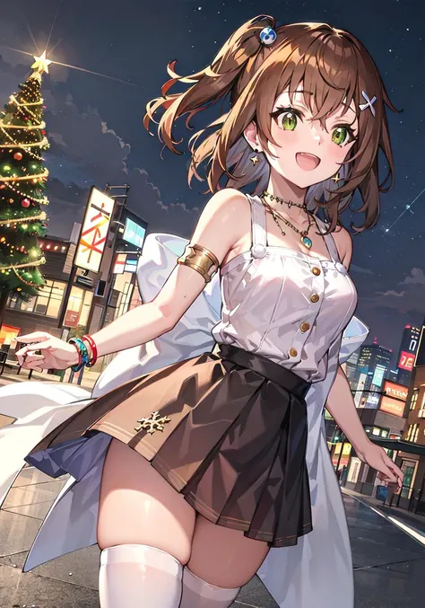 reina hidaka \(denonbu\),
(best quality, 8K, masterpiece, ultra detailed:1.2), cinematic angle, light particles, sparkle, (wide shot, depth of field:1.2), blurry, light rays, lens flare,
outdoor, (busy street), neon light, night, christmas, holy night, christmas tree, christmas decorations, snow, snowflake, reflective floor, wet floor, beautiful clouds, gradient sky, constellation, starry sky, shooting star, colorful lights,
1girl, solo, shiny skin, smile, cute, happy, slight smile, collarbone, floating hair, standing,
winter coat, pleated skirt, print layered skirt,
ribbon, bow, earrings, bracelet, armlet, white thighhighs, hair flower, necklace
