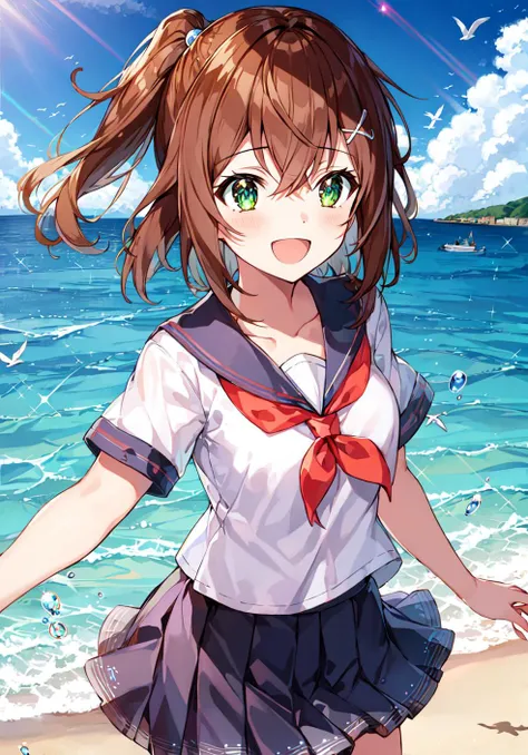 reina hidaka \(denonbu\), (best quality, 8K, masterpiece, ultra detailed:1.2), dynamic pose, cinematic angle, cowboy shot, light particles, sparkle, beautiful detailed eyes, shiny skin, shiny hair,
day, dappled sunlight, blue sky, beautiful clouds, beach, wide shot, depth of field, blurry, sailing boats, ocean, seagull, islands in distance,
1girl, solo,
skirt, smile, cute, happy, open mouth, sailor collar, shirt, pleated skirt, short sleeves, :d, school uniform, serafuku, collarbone, ribbon, bow,