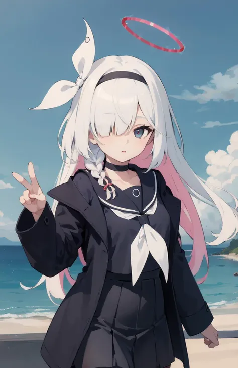 masterpiece, best quality, <lora:plana:1> 1girl,solo,arona \(blue archive\),hair over one eye,hairband, halo, black choker, choker, school uniform, braid, long hair, serafuku, white hair, sailor collar, pleated skirt,bangs, ribbon, long sleeves, neckerchief, collarbone,black hairband, white neckerchief,black skirt, hair ribbon, single braid, bow, cowboy shot, looking at viewer, on sea bridge, dynamic pose