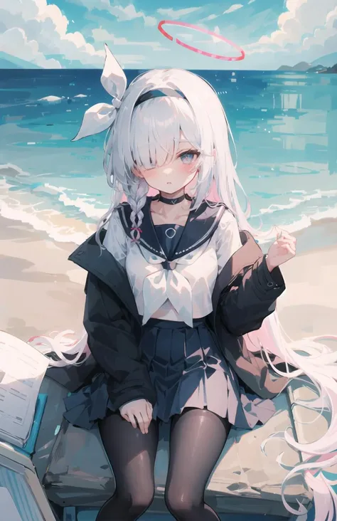 ((masterpiece,best quality)),
1girl,solo,arona \(blue archive\),hair over one eye,hairband, halo, black choker, choker, school uniform, braid, long hair, serafuku, white hair, sailor collar, pleated skirt,bangs, ribbon, long sleeves, neckerchief, collarbone,black hairband, white neckerchief,black skirt, hair ribbon, jacket, single braid, bow,
pantyhose, black pantyhose,no shoes,parted lips, blush,
<lora:plana:1>,,