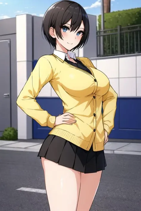 masterpiece, best quality, detailed face, detailed eyes, <lora:HULily:0.5>, HUlily, miniskirt, black hair, short hair, yellow cardigan, medium breasts, outdoors, hands on hips,